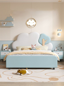 Letto per Bambini, Design Minimalista Moderno per Ragazzi e Ragazze, Struttura in Legno di Pino Massiccio, Rivestimento in Pelle, Letto Imbottito Morbido e Mobile - Product Image 1