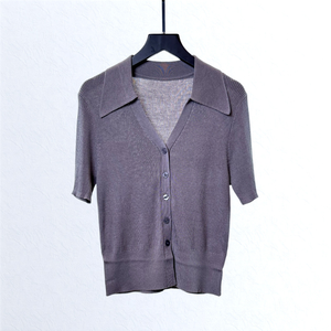 Factory Low MOQ Wool Cotton Viscose Nylon Knitwear <strong>Polo</strong> <strong>Neck</strong> Fine Knit Women Cardigan Half Sleeve Office <strong>Lady</strong> Sweater <strong>Jumper</strong> - Product Image 2