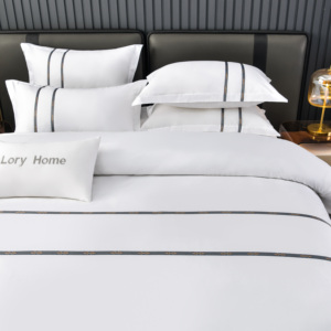 Vente flash : Ensemble <span class=keywords><strong>de</strong></span> literie d'hôtel en coton blanc avec bordure brodée double gris foncé, logo personnalisé accepté - Product Image 4