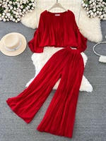 Ensemble femme été 2026 : haut plissé en mousseline à manches chauve-souris et pantalon large taille haute – Nouvelle collection mode pour la vente en gros