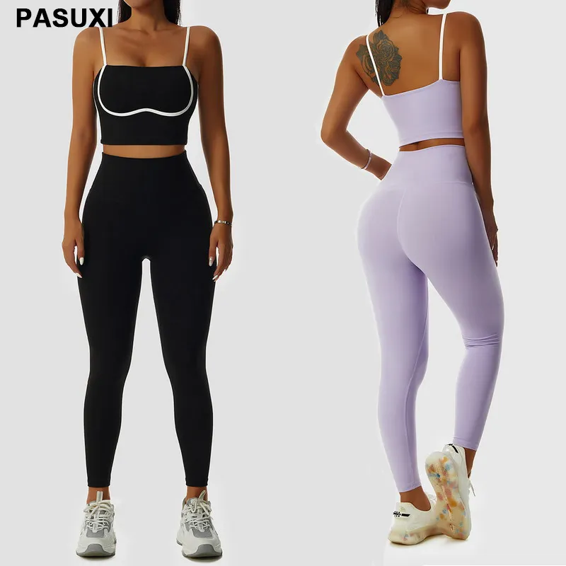 PASUXI رياضة لياقة النساء رياضة أكتيفيوير ارتداء تجريب 2 قطعة مجموعات أعلى مع عالية الخصر طماق اليوغا مجموعة