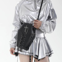 Sac à dos imperméable en forme de cercueil gothique, bandoulière détachable, fermeture éclair, simili cuir ; Sac bandoulière en polyester avec détails métalliques