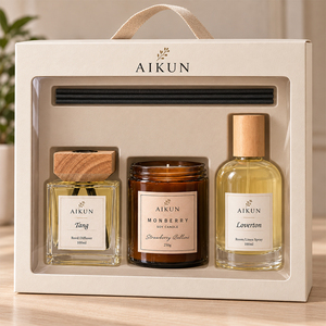 Set de Regalo de Fragancia para el Hogar Aikun en Caja de Madera con Botella de Ámbar, Difusor de Varillas, Vela y Spray Ambiental para Regalos Empresariales - Product Image 1