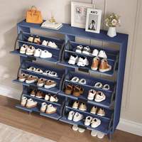 Meuble à chaussures fin en bois avec 6 tiroirs rabattables, design moderne à rainures, rangement étroit dissimulé pour couloir, entrée, salon