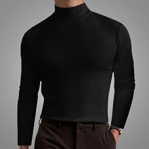 Pull en maille à col roulé pour homme, manches longues, couleur unie, coupe ajustée, style décontracté chic, en coton noir - Product Image 4