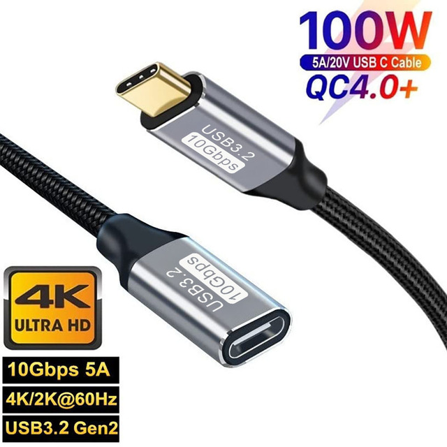 4K 60HZ 100W USB C Extension Cable 10Gbps USB3.2 USB3.1 Gen2 Cable Right Angle Type C Extender Fast Charging for PS5 VR