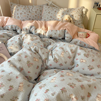 Le jardin secret du lapin - Ensemble de housse de couette 4 pièces à imprimé floral mignon de lapin, en gaze bouffante de polyester, literie d'été respirante