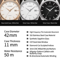 Montre mécanique automatique pour hommes, cadran couleur or rose, bracelet en cuir, affichage de la date, montre-bracelet habillée