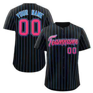 Maillot de baseball authentique personnalisé à rayures noires, roses et bleu poudré - Product Image 1