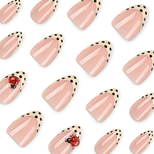 Faux ongles 3D roses en amande à presser avec pointes à pois crème et motif coccinelle, ongles artificiels brillants réutilisables pour manucure estivale 4618 - Product Image 4