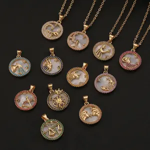 Fashion Jewelry Necklace Shell 12 Constellations Pendant Necklace Zircon Stone Horoscope Necklaces