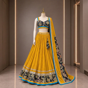 Ensemble Lehenga Choli traditionnel jaune moutarde à séchage rapide, coupe droite longue, avec blouse noire brodée et dupatta, pour femme, idéal pour mariage - Product Image 1