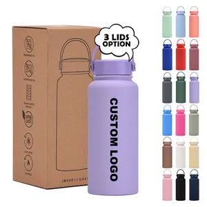 Custom Logo Rubber Coated Double Wall Stainless Steel Aqua Drink Thermos Sports Water Bottle Vacuum Flask With Straw Lid