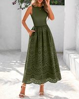 Robe maxi en coton à dentelle sans manches pour femmes |   Robe d'été décontractée à col rond, coupe trapèze, style bohème, en mélange polyester élasthanne, lavable en machine