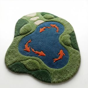 Tapis en laine tuftée texturée motif bassin de koïs et mousse irrégulière, avec détails de poissons bleus et oranges, pour Chambre, Salon, Chambre d'enfant, Enfants, Vente en gros - Product Image 3