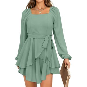 Vestido de Gasa para Mujer, Otoño, Manga Larga, Cuello Cuadrado, Corte en A, con Lazo, Corto, para Fiesta, Transpirable - Product Image 1