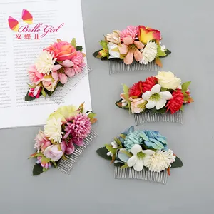 BELLEWORLD new style bohemia beach bridal flower hair combs retro handmade imitation rose flower leave hairpins women flower