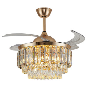 Ventilateur de plafond moderne en cristal doré, 3 pales, fonctionnement silencieux 29 dB, LED blanc chaud dimmable, télécommande, 5 vitesses, montage encastré - Product Image 3
