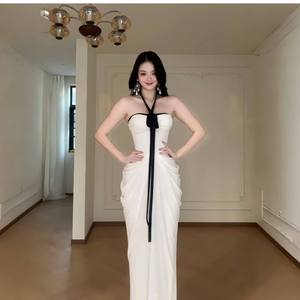 GirlsAt18 <b>Sexy</b> White Halter Neck Strapless Dress Natural Waistline Contrast Color Beach Vacation Maxi Evening <b>Gown</b> - Product Image 3
