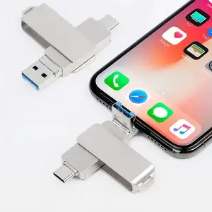 USB flash drive logam portabel 3-in-1, antarmuka multifungsi USB 3.0 logam berputar berkualitas tinggi