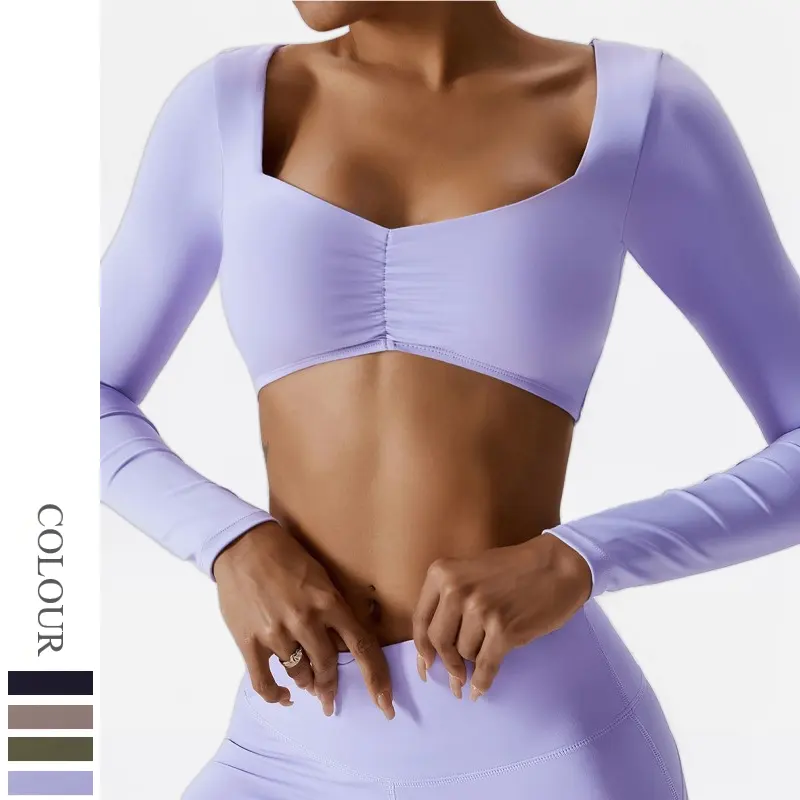New Design Women Sexy Crop Tops Low Cut Solid Color Deep Slit Neck Long Sleeve Yoga T-Shirt