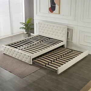 Estrutura de cama dupla Queen size com rodízio, mobília de quarto em botões, estofamento em couro branco luxuoso e leve