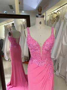 Rosa bordado satén sin mangas sirena corsé encaje hasta la espalda ajustado baile noche mujeres vestidos - Product Image 3