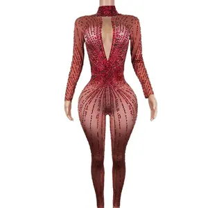 Sexy Stretch Red Glitter Sequin Transgender Female Bodysuit Show Rompers Women Party Celebration Performance Rhinestone Jumpsuit