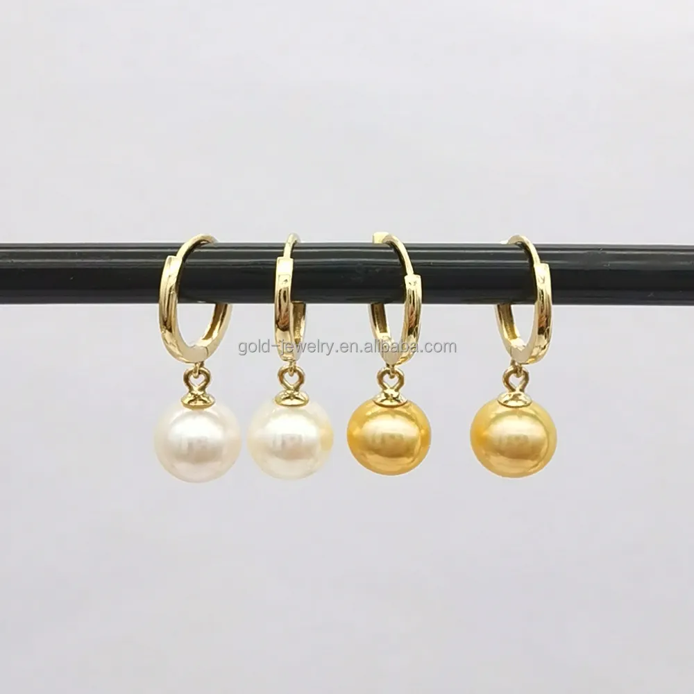 Wanita Cantik 14K Anting Mutiara Air Tawar Emas Asli Dalam 14K Anting-Anting Huggie Hoop Emas Kuning Grosir