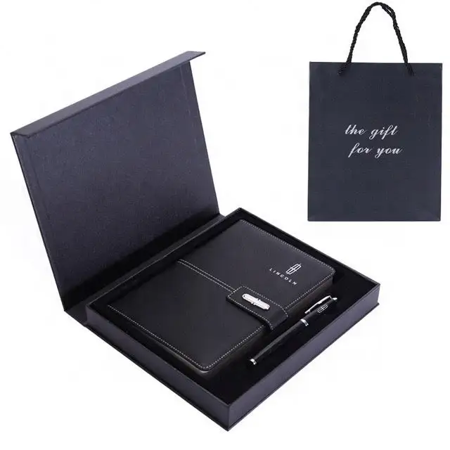 Custom 2023 Luxury Refillable Stationery Diary Notebook Gift Set Business Black Pu Leather Magnetic A5 Journal With Box And Pen