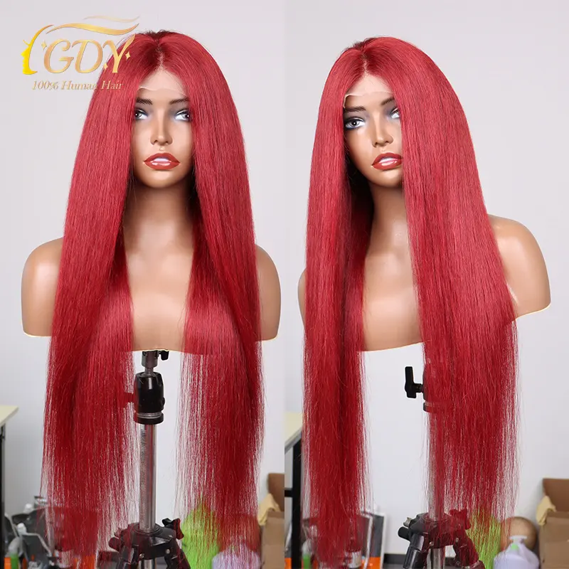 GDYhair 4*4 # 99j кружевной фронтальный парик 100% цвета необработанный красный парик натуральные человеческие волосы прозрачный фронтальный 99J красный парик