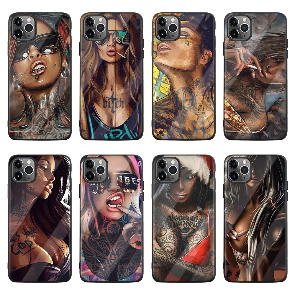 Best Selling Quality TPU PU Tempered glass uv printed Sexy Sleeve Tattoo Girl phone case for iphone 11 12 pro max 12 mini xs xr