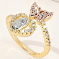 Bague Vierge de Guadalupe en laiton tricolore avec zircon, motif cœur et papillon, Vierge Marie