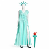 Kostum Patung Liberty Wanita Gaun Dewi Teal Mahkota Obor Pakaian Pesta Halloween 4 Juli