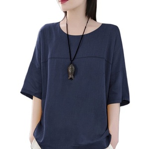 Wholesale Women's Plus Size Fashion Solid Cotton Linen O-Neck Loose T-<b>Shirt</b> Casual Summer Ladies Top - Product Image 1