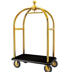Hotel Decorative Gold Stainless Steel Bellman Trolley Concierge Birdcage Trolley Luggage Cart