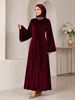 Robe longue en velours à manches évasées, col haut perlé avec ceinture à nouer à la taille |   Abaya musulmane élégante, robe islamique modeste