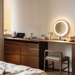 Solid Wood Dressing <b>Table</b> With Lighted <b>Mirror</b> Black Walnut Bedroom <b>Vanity</b> Storage Cabinet For Makeup And Dressing - Product Image 1