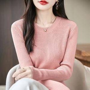 Suéter de cuello redondo para mujer, manga larga, color sólido, algodón, corte ajustado, capa base para otoño e invierno - Product Image 5