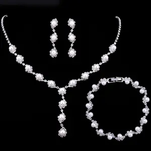 Simple Simulated Pearl Bride Wedding Jewelry Sets for Women Rhinestone Prom Necklace Earrings Bracelets Set