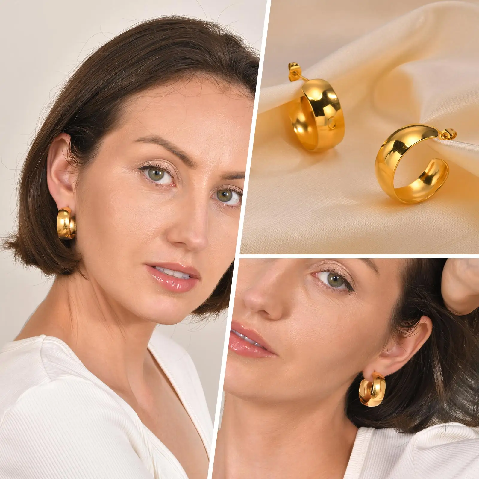 Vnox 2024 Fashion Stainless Steel C shaped Earrings Gold Women With Butterfly Earplugs