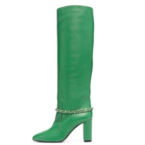Metal Chain Decor <b>Rope</b> Strap Women Long Booties High Chunky Heel Pointed Toe Shoes on Knee High Knight Boots - Product Image 6