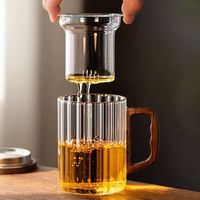 Tasse à thé en verre borosilicate personnalisée avec infuseur, motif floral fait main, ensemble de voyage avec poignée en bois
