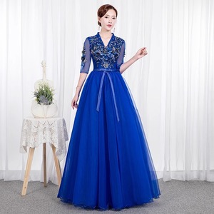 Blue Tulle Ball Gown V-neck Empire Waist Floral Print Evening Dress for Women - Product Image 2