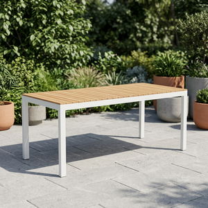 Table de repas d'extérieur moderne rectangulaire avec plateau en bois de manguier massif et base en métal, pour entrepôt, patio et jardin - Product Image 2