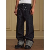 Jeans en denim brut pour homme, ourlet plié, à œillets, fabrication sur mesure OEM Guangzhou, coupe droite, pantalon basique tendance