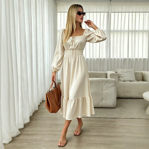 <span class=keywords><strong>Vestido</strong></span> de verano para mujer, nuevo estilo, cuello <span class=keywords><strong>cuadrado</strong></span>, <span class=keywords><strong>manga</strong></span> larga con mangas abullonadas, diseño con lazo en la cintura, efecto adelgazante y volantes. - Product Image 4