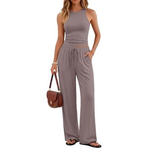 Women's 2 Piece Summer Lounge Set Butter Soft Tank Top High Waisted Wide Leg Pants With <b>Pockets</b> Casual Wear - Product Image 1