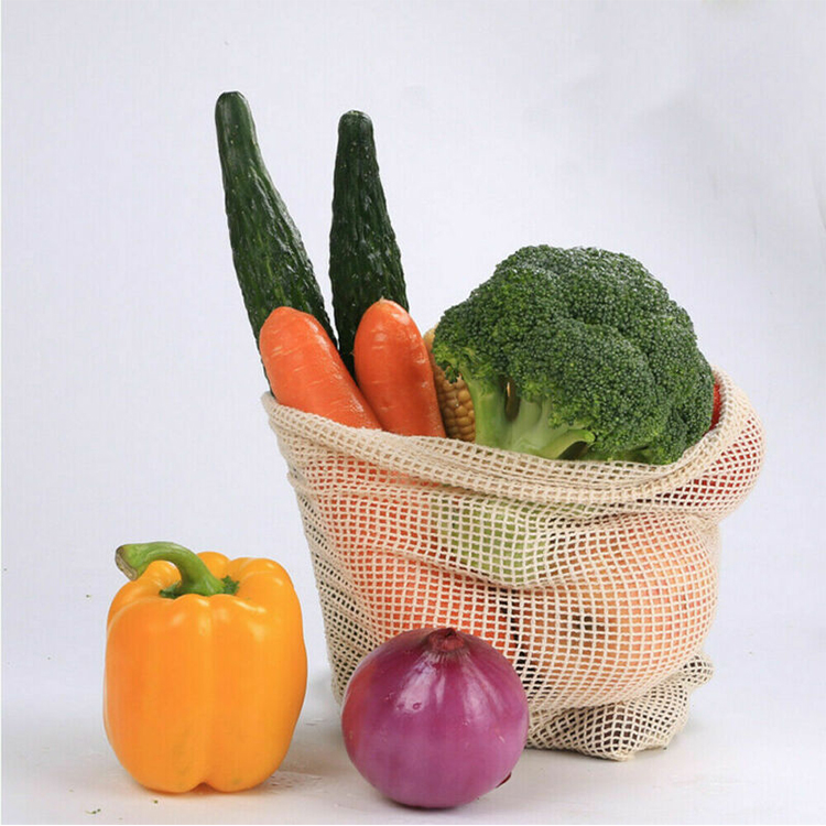 Recycled drawstring organic cotton net mesh reusable produce bags for fruit vegetable
