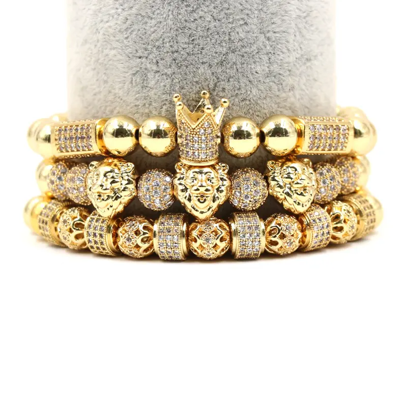 Newest Brass Jewelry Gold Plated Handmade Lion Head Bead Bracelet CZ Diamond Queen&King Crown Charm Bead Macrame Bracelet Set